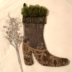 Christmas Stocking Victorian Style Boot Olive Green Brocade /Organza Ruffle